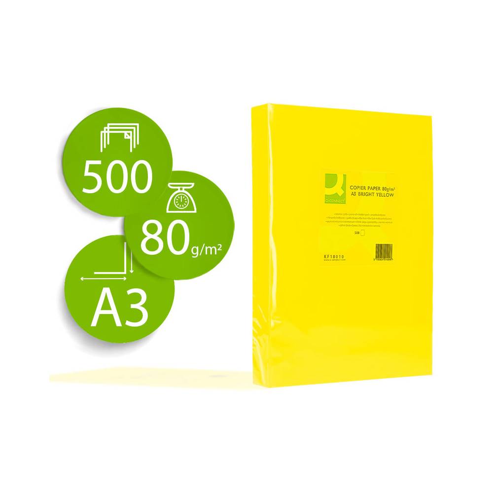 Papel color q-connect din a3 80 gr amarillo intenso paquete de 500 hojas