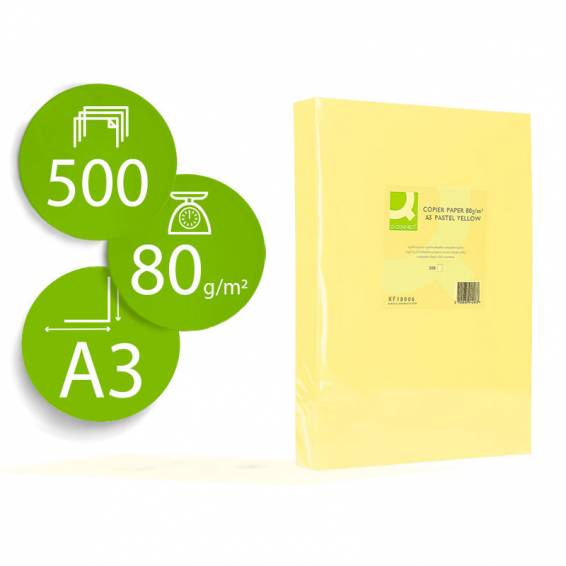 Papel color q-connect din a3 80gr amarillo paquete de 500 hojas