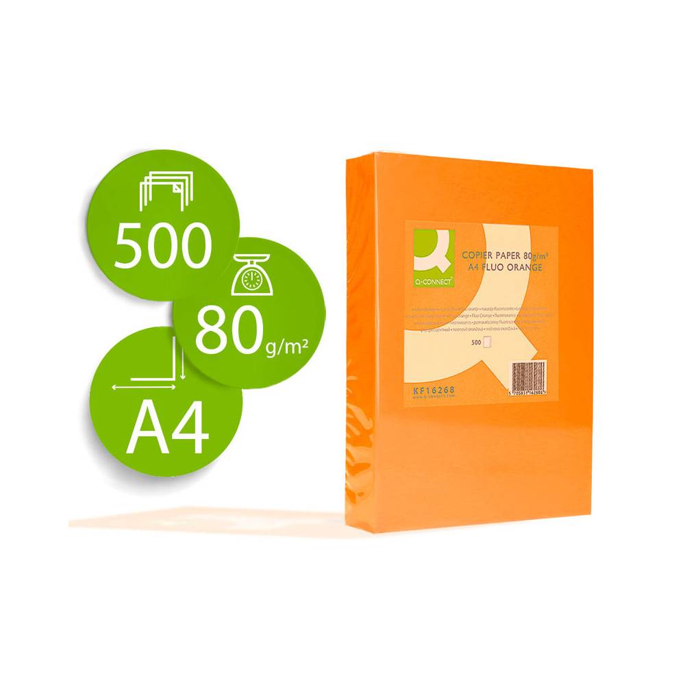 Papel color q-connect din a4 80gr naranja neon paquete de 500 hojas