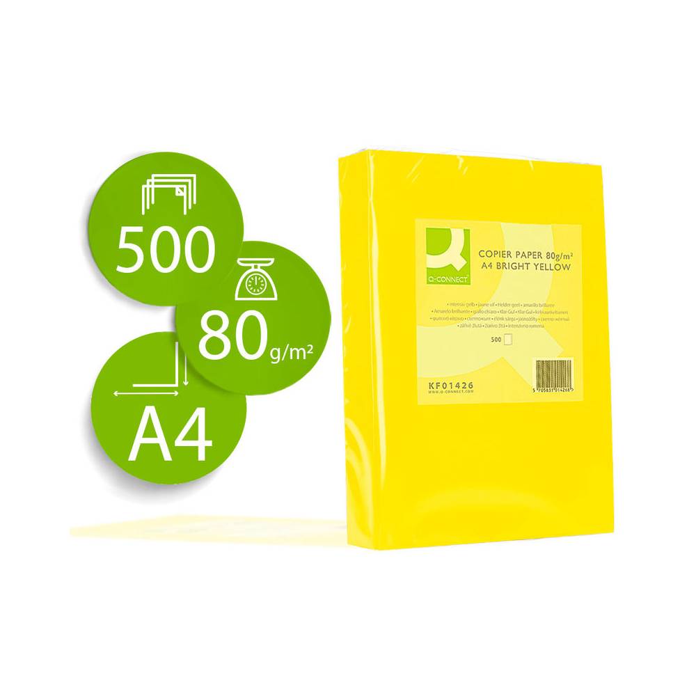 Papel color q-connect din a4 80gr amarillo intenso paquete de 500 hojas