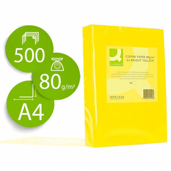 Papel color q-connect din a4 80gr amarillo intenso paquete de 500 hojas