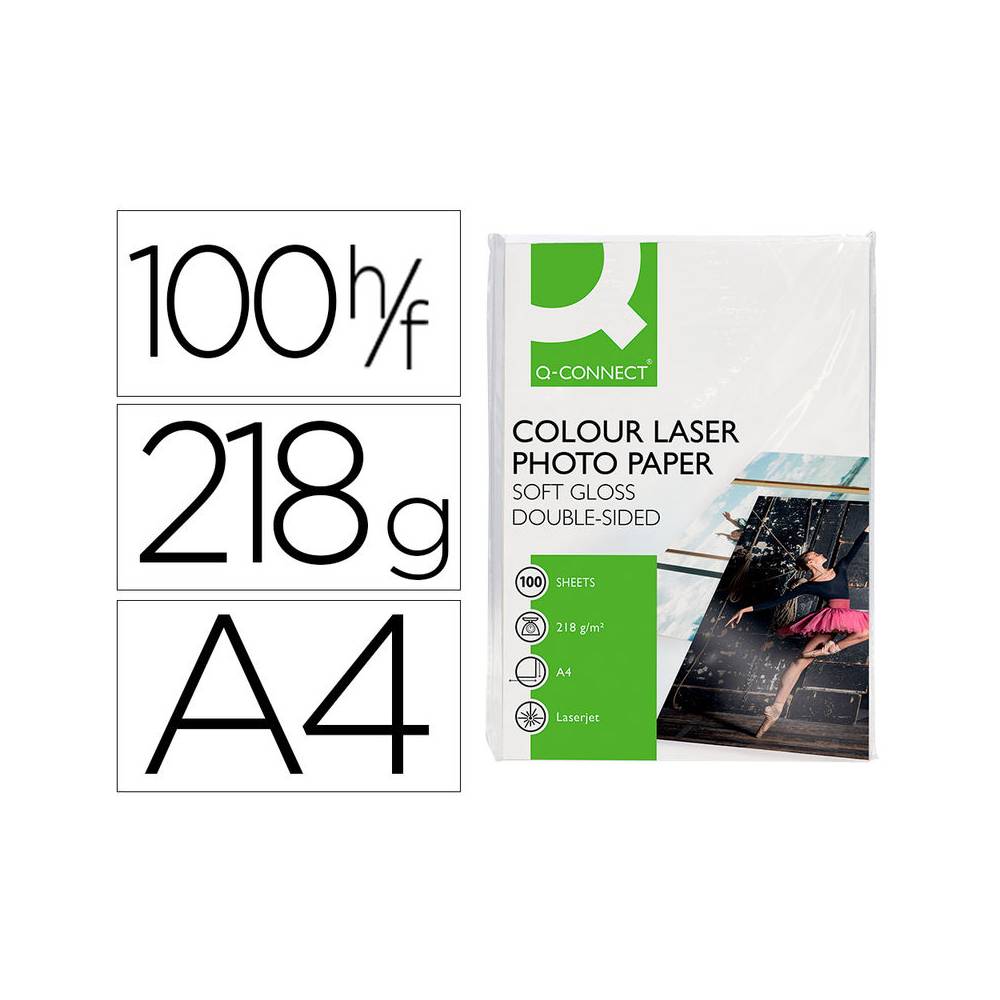 Papel q-connect foto glossy din a4 para fotocopiadoras e impresoras laser paquete de 100 hojas de 218 gr