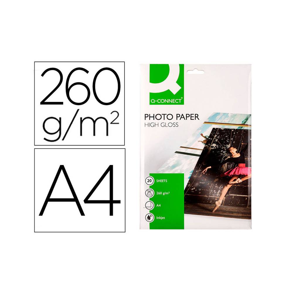 Papel q-connect foto glossy kf02163 din a4 alta calidad digital photo para ink-jet bolsa de 20 hojas de 260 gr