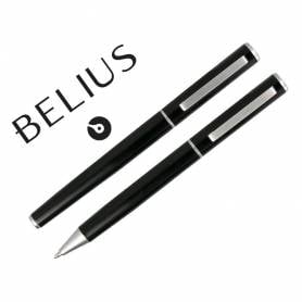 Juego boligrafo y roller belius norwich cuerpo negro mate y detalles cromados satinados en caja regalo