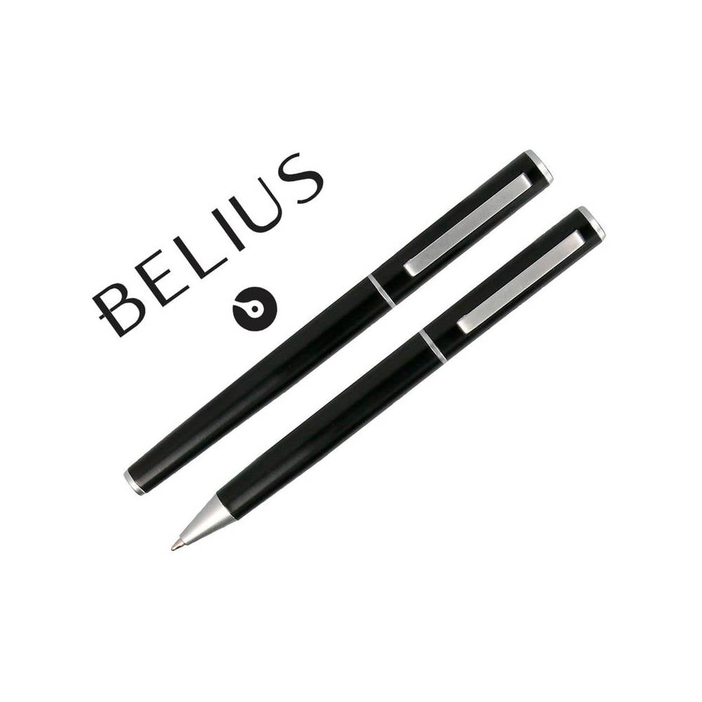 Juego boligrafo y roller belius norwich cuerpo negro mate y detalles cromados satinados en caja regalo