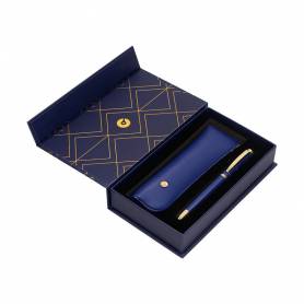 Boligrafo y estuche belius soiree color azul marino y dorado tinta azul caja de diseño