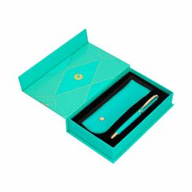 Pluma y estuche belius soiree color art deco turquesa dorado tinta azul caja de diseño