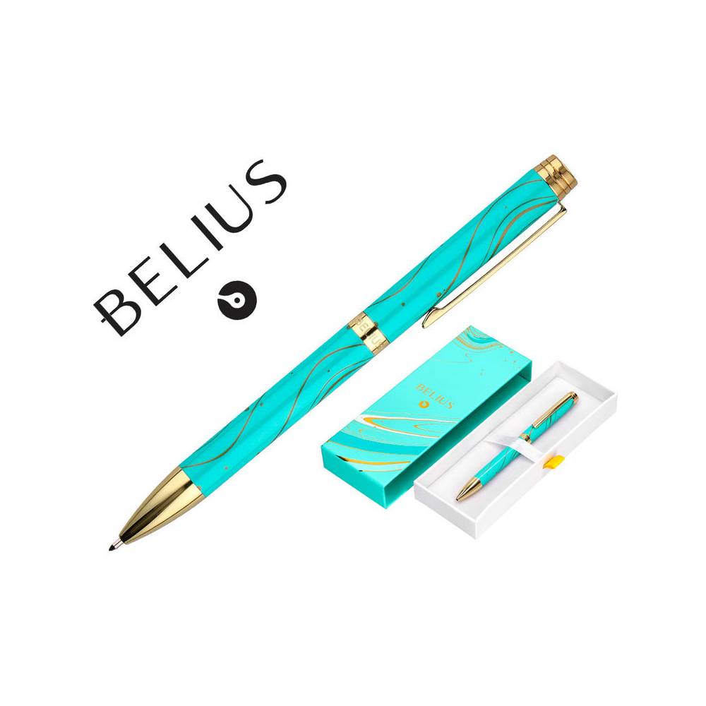 Boligrafo belius aqua aluminio color turquesa y dorado tinta azul caja de diseño