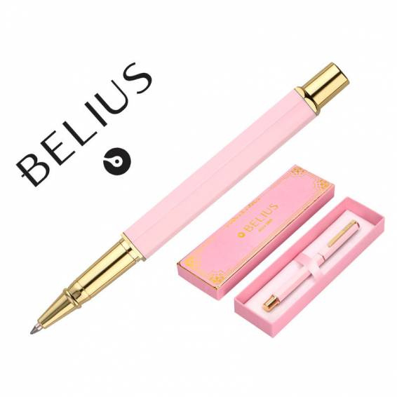 Boligrafo belius macaron bliss forma hexagonal color rosa y dorado tinta azul caja de diseño