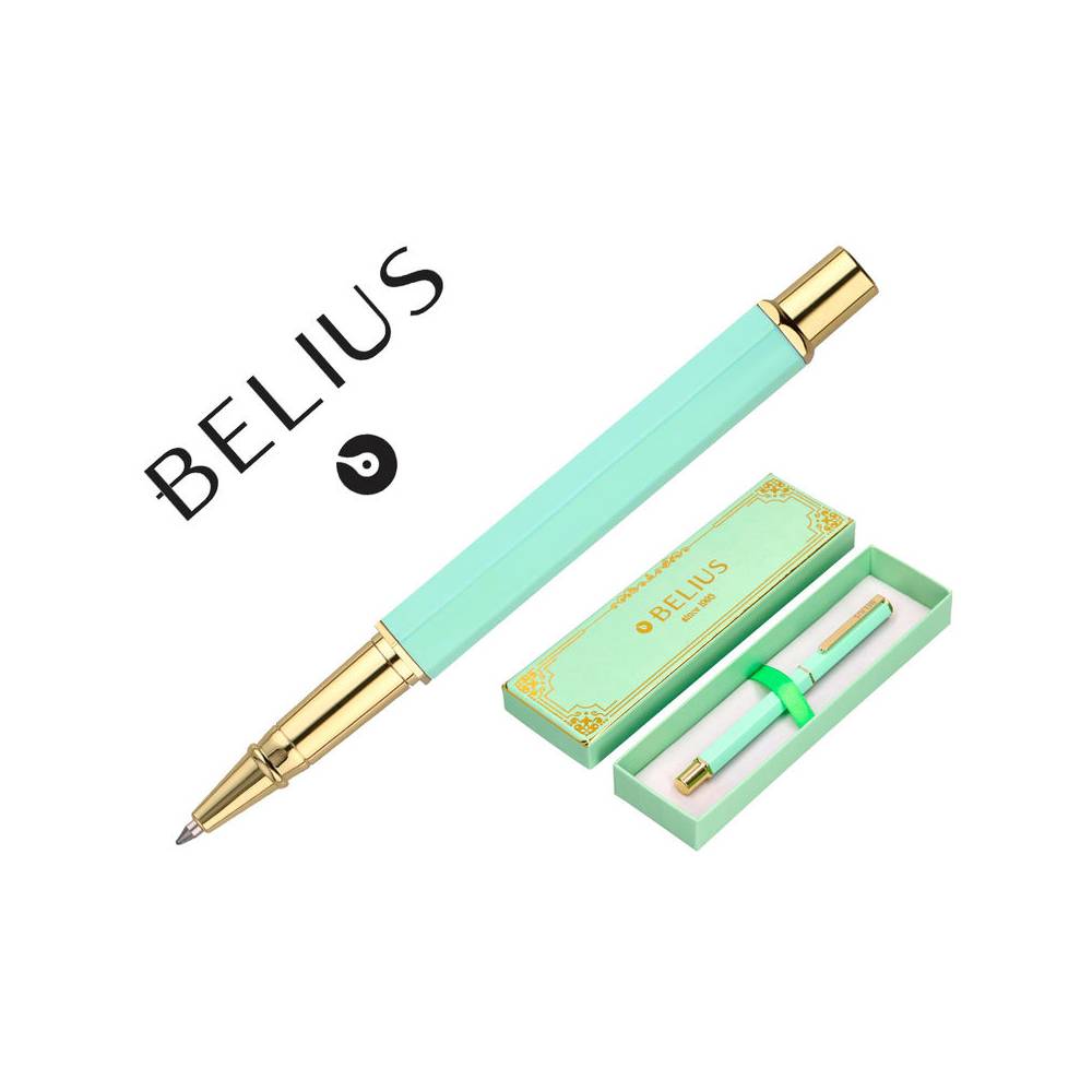 Boligrafo belius macaron bliss forma hexagonal color verde dorado tinta azul caja de diseño