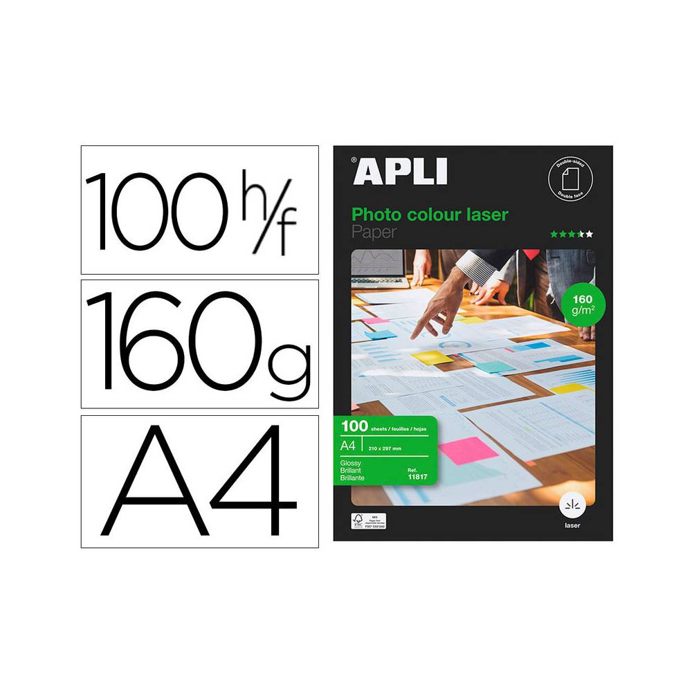 Papel fotografico apli glossy doble cara din a4 pack de 100 hojas 160 gr