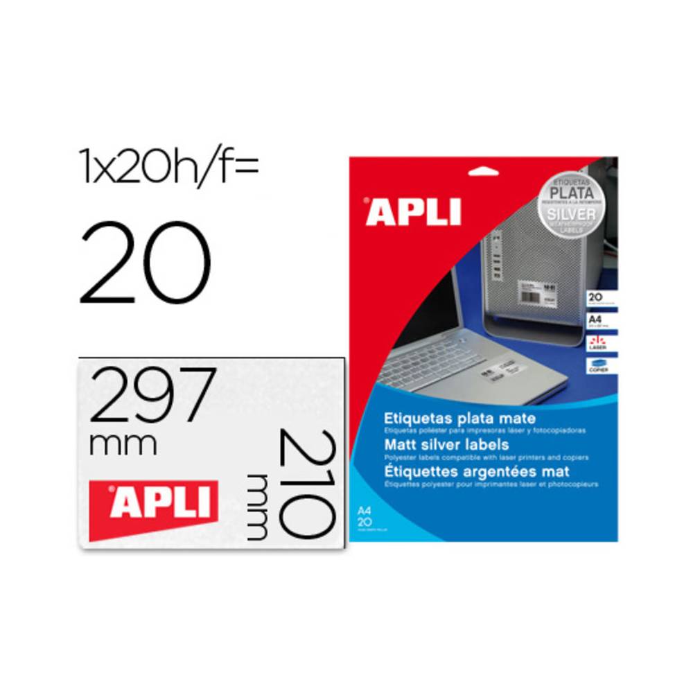 Etiqueta adhesiva apli 10071 metalizada tamaño 210x297 mm para fotocopiadora laser caja 20 hojas