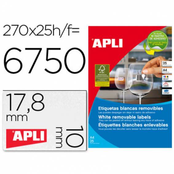 Etiqueta adhesivas apli 10197 tamaño 17,8x10 mm removible para fotocopiadora laser ink-jet caja 25 hojas con