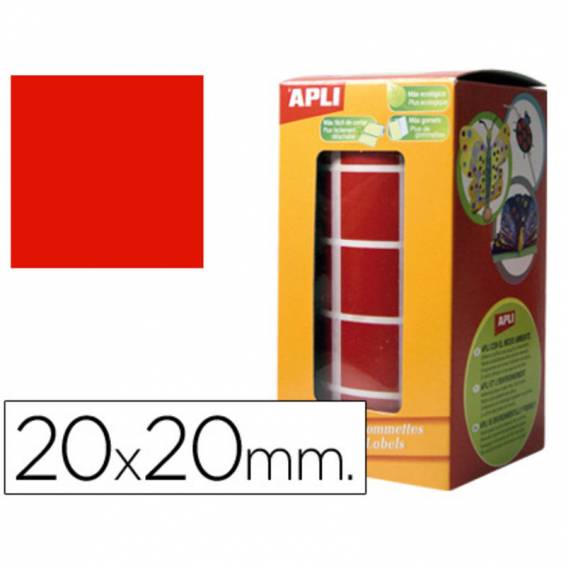 Gomets autoadhesivos cuadrados 20x20 mm rojo rollo de 1770 unidades