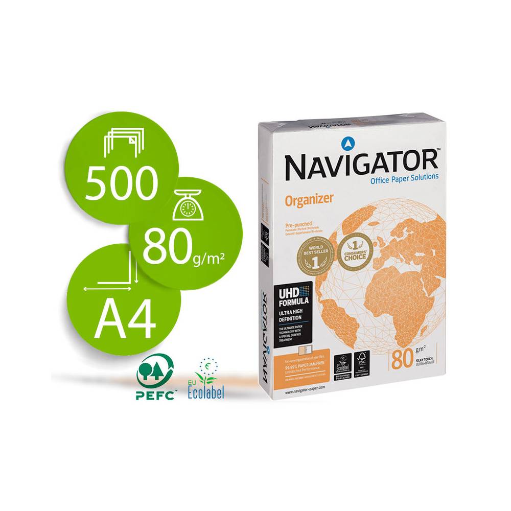 Papel fotocopiadora navigator din a4 80 gramos 4 taladros papel multiuso ink-jet y laser paquete de 500 hojas