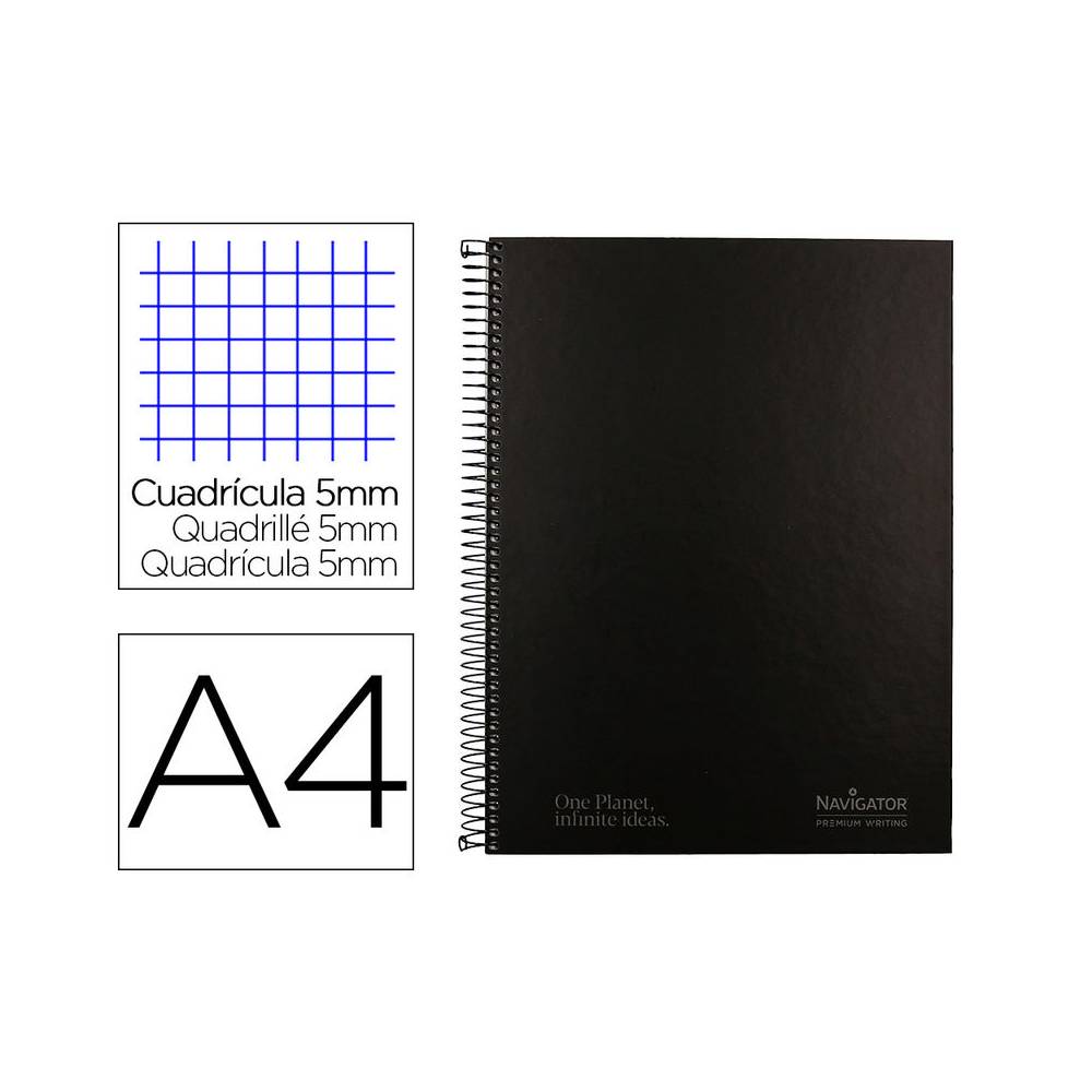 Cuaderno espiral navigator a4 micro tapa forrada 120h 80gr cuadro 5mm 5 bandas 4 taladros color negro