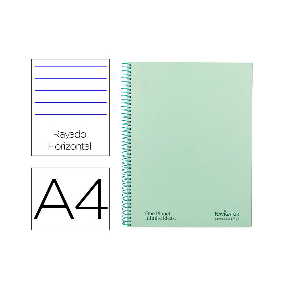 Cuaderno espiral navigator a4 micro tapa forrada 120h 80gr horizontal 5 banda 4 taladros color menta