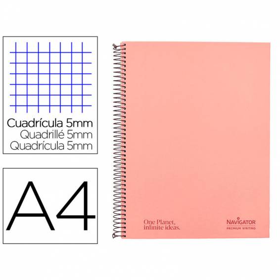 Cuaderno espiral navigator a4 micro tapa forrada 120h 80gr cuadro 5mm 5 bandas 4 taladros color rosa