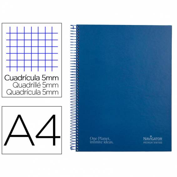 Cuaderno espiral navigator a4 micro tapa forrada 120h 80gr cuadro 5mm 5 bandas 4 taladros color azul marino