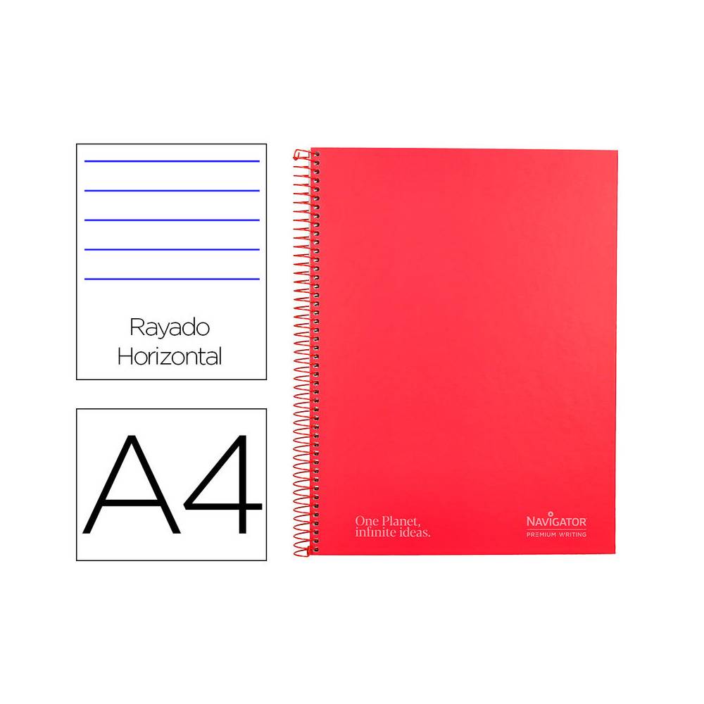 Cuaderno espiral navigator a4 micro tapa forrada 120h 80gr horizontal 5 bandas 4 taladros color rojo