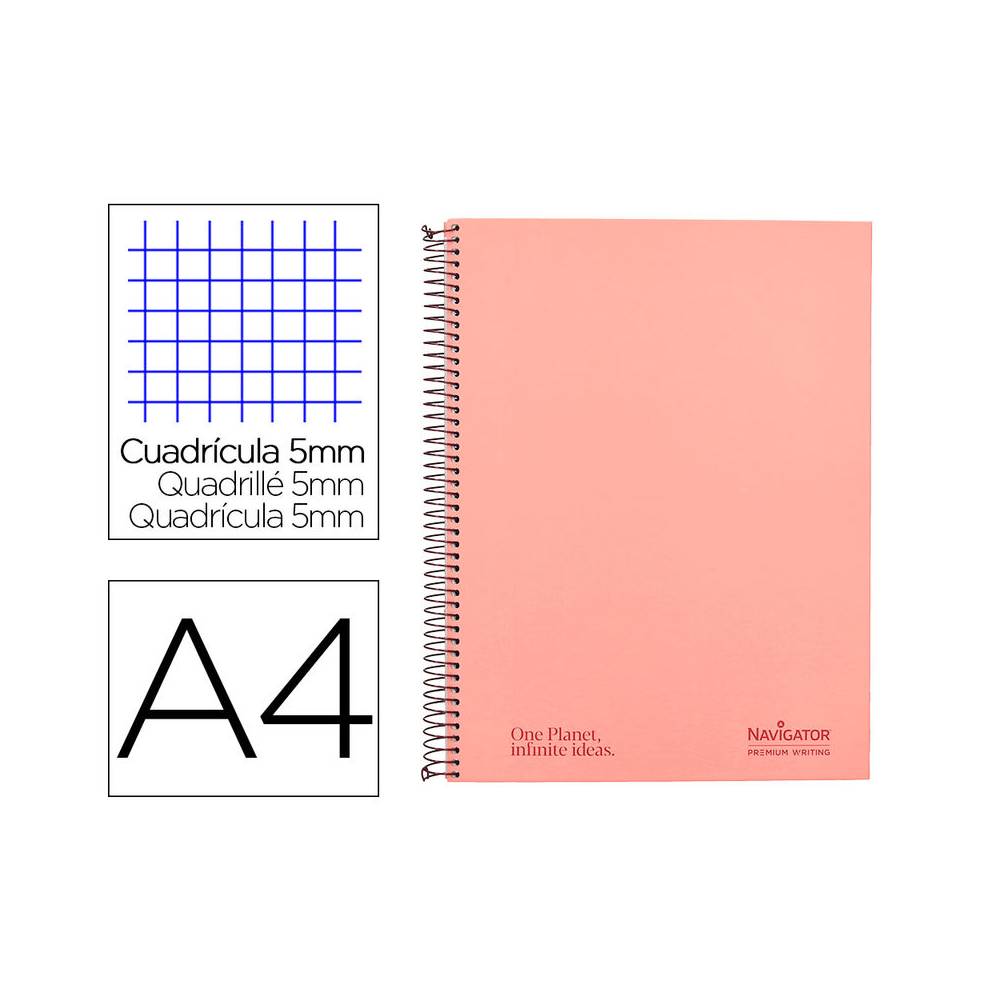 Cuaderno espiral navigator a4 micro tapa forrada 80h 80gr cuadro 5mm 1 banda color coral