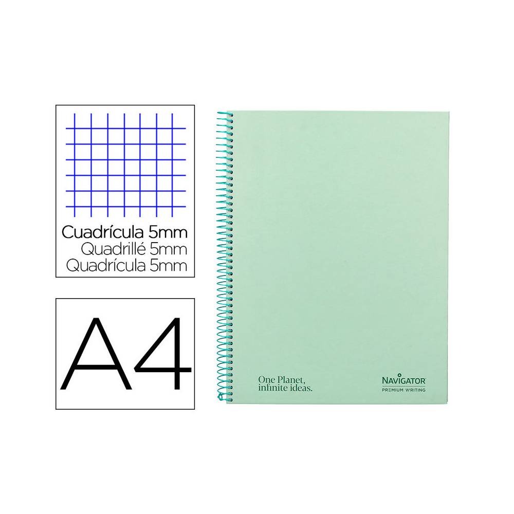 Cuaderno espiral navigator a4 micro tapa forrada 120h 80gr cuadro 5mm 5 bandas 4 taladros color menta