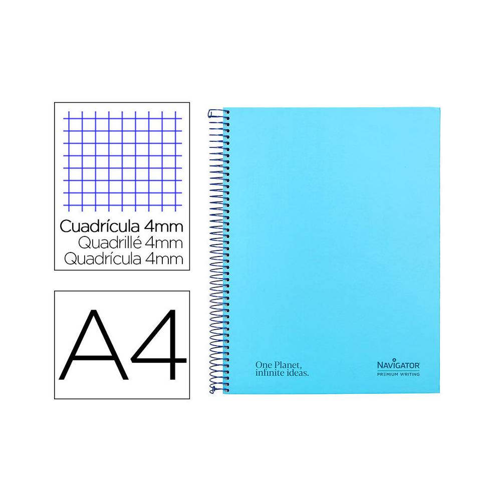 Cuaderno espiral navigator a4 tapa dura 80h 80gr cuadro 4mm con margen azul claro