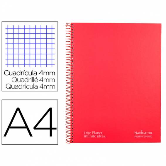 Cuaderno espiral navigator a4 tapa dura 80h 80gr cuadro 4mm con margen rojo