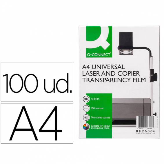 Transparencia q-connect din a4 kf26066 para fotocopiadora tratada dos caras caja de 100 hojas