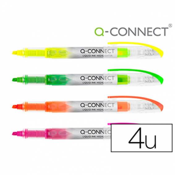 Rotulador q-connect fluorescente punta biselada tinta liquida bolsa de 4 unidades colores surtidos