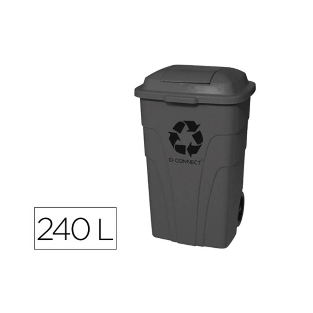 Papelera contenedor q-connect plastico con tapadera 240l color gris 1040x610x610 mm con ruedas