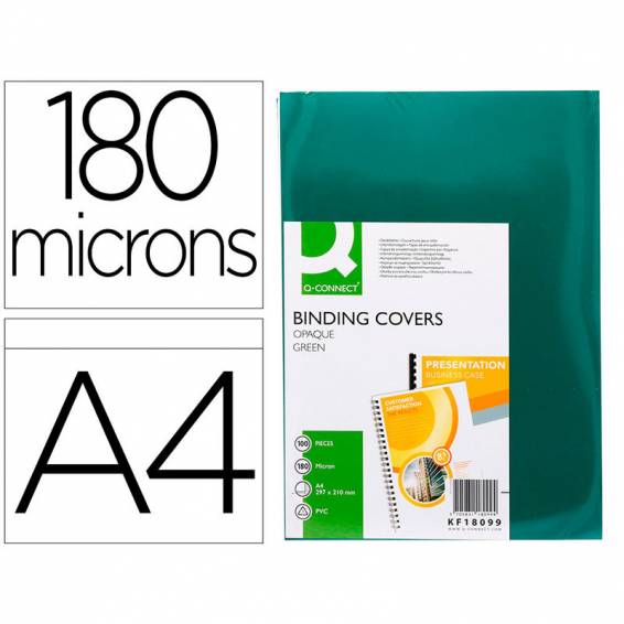 Tapa de encuadernacion q-connect pvc din a4 opaca verde 180 micras caja de 100 unidades