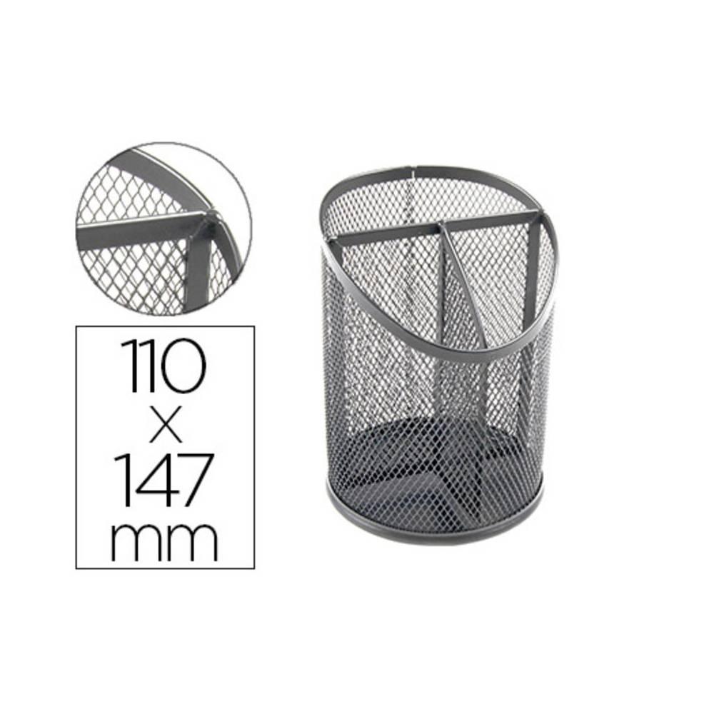 Cubilete portalapices q-connect plata metal redondo rejilla con 3 compartimentos diametro 110 mm alto 147 mm