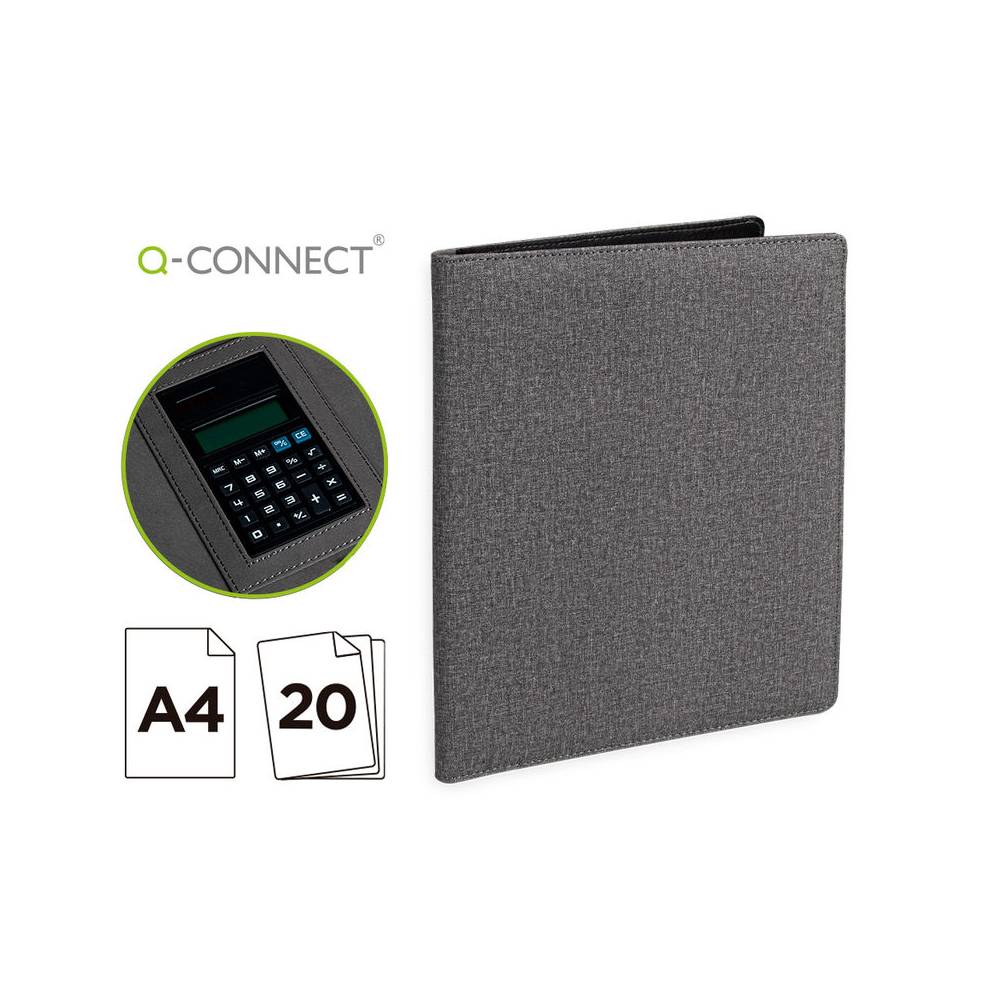 Carpeta portafolios q-connect a4 con calculadora bloc 20 hojas y departamentos interiores color gris 250x315