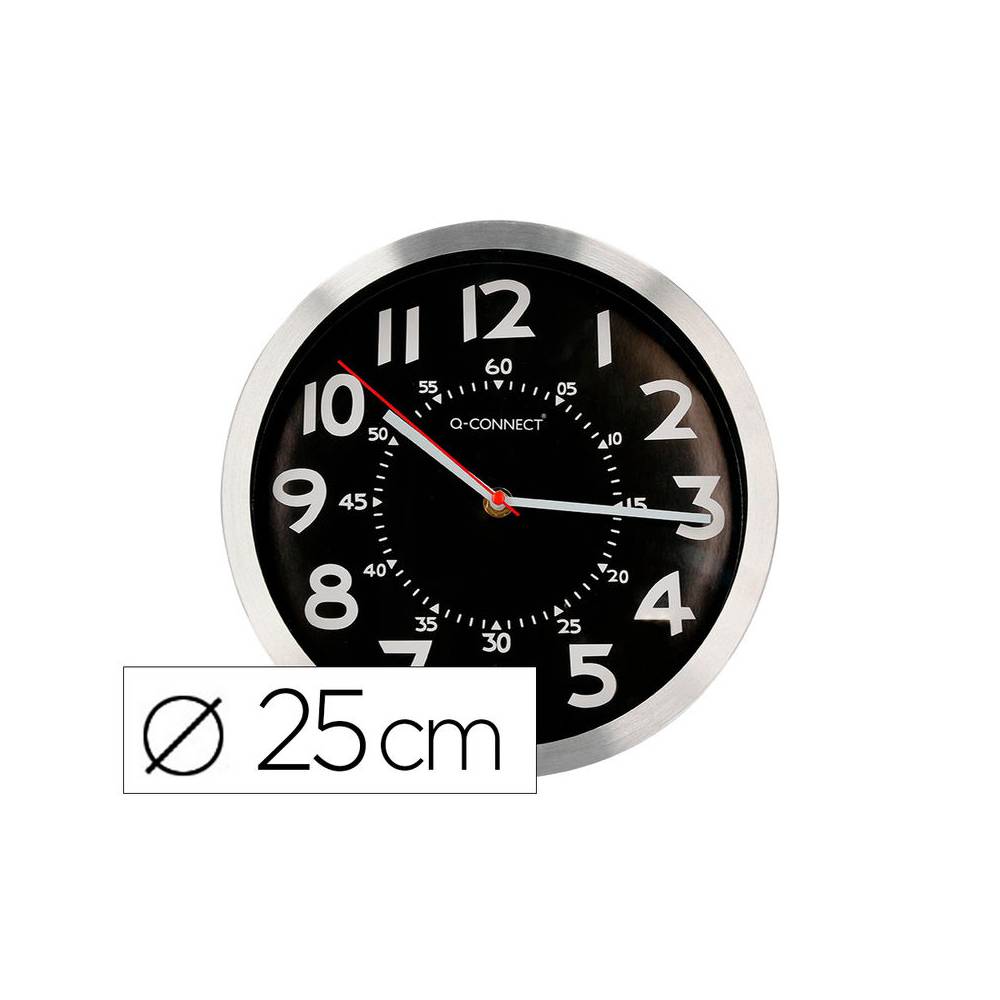 Reloj q-connect de pared metalico redondo 25 cm movimiento silencioso color negro con esfera cromado