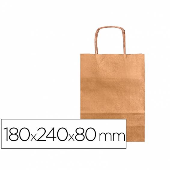 Bolsa papel q-connect kraft natural liso xs con asa retorcida 180x240x80 mm