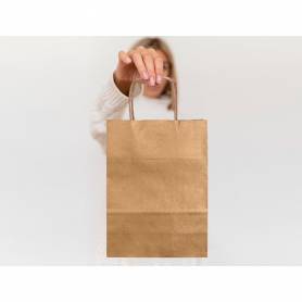 Bolsa papel q-connect kraft natural liso xs con asa retorcida 180x240x80 mm