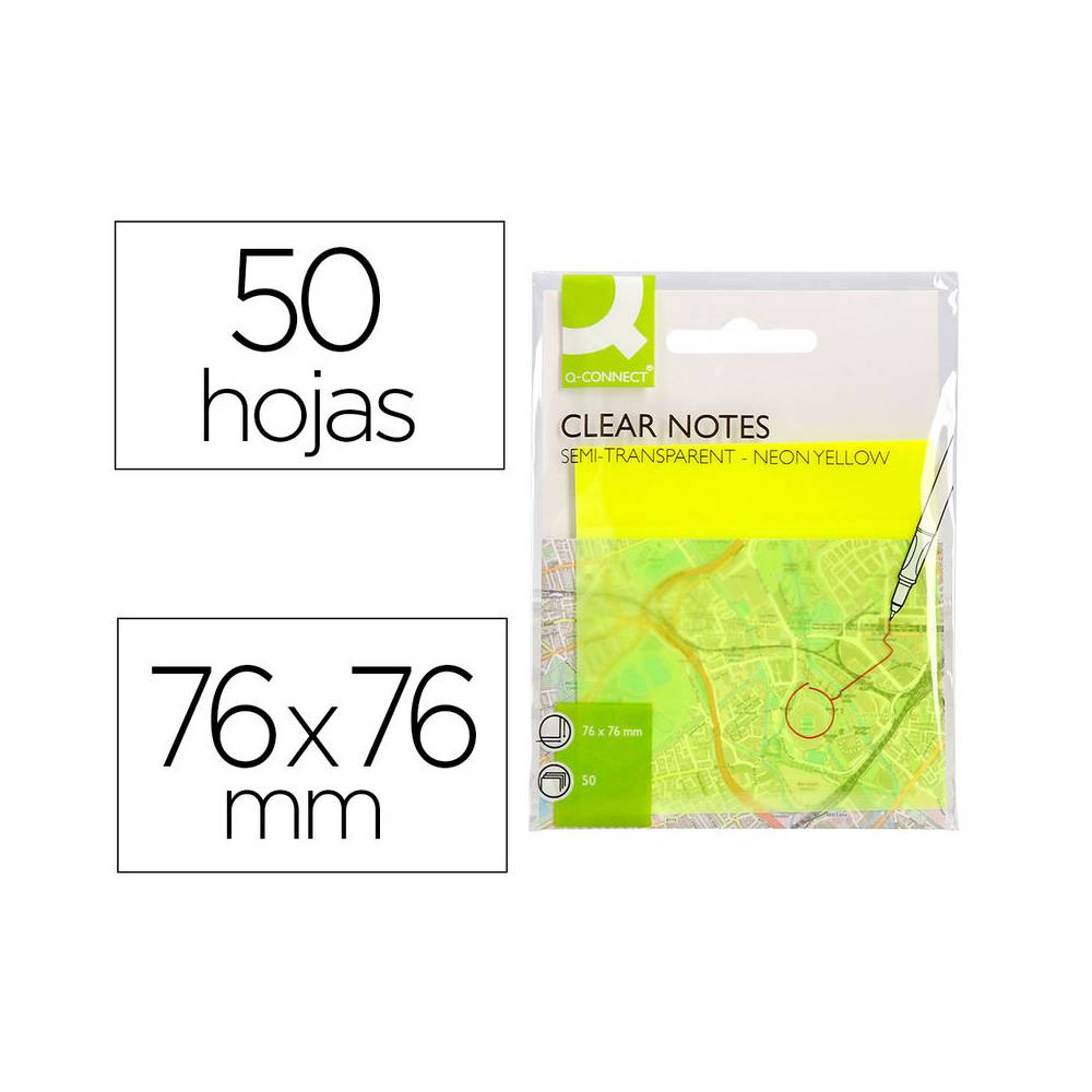 Bloc de notas adhesivas quita y pon q-connect 76x76 mm removible plastico translucido amarillo neon con 50 hojas