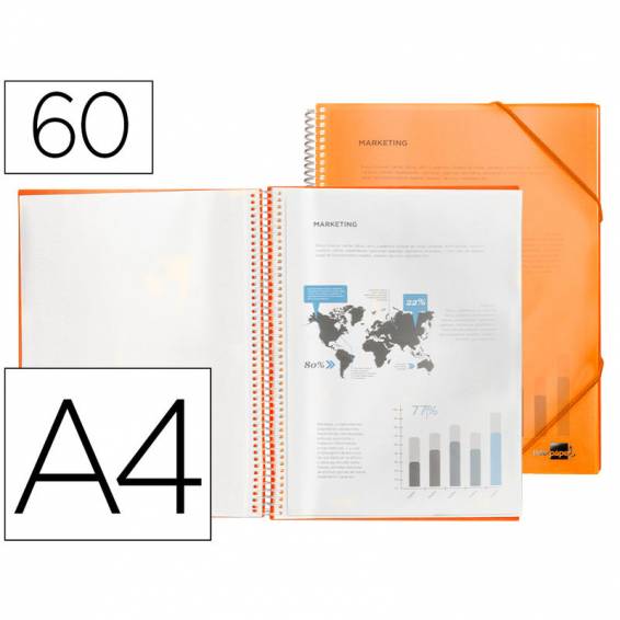 Carpeta liderpapel escaparate con espiral 60 fundas polipropileno din a4 naranja