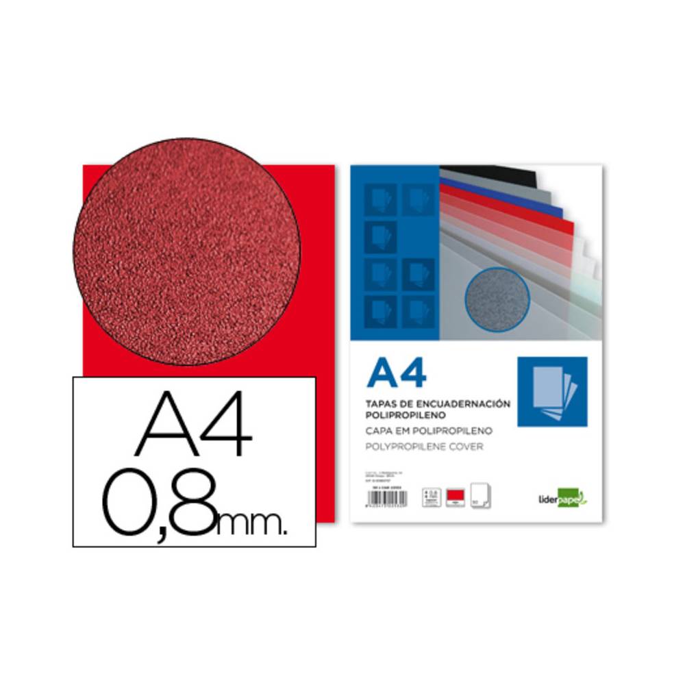 Tapa encuadernacion liderpapel polipropileno a4 0.8mm rojo opaco paquete de 50 unidades