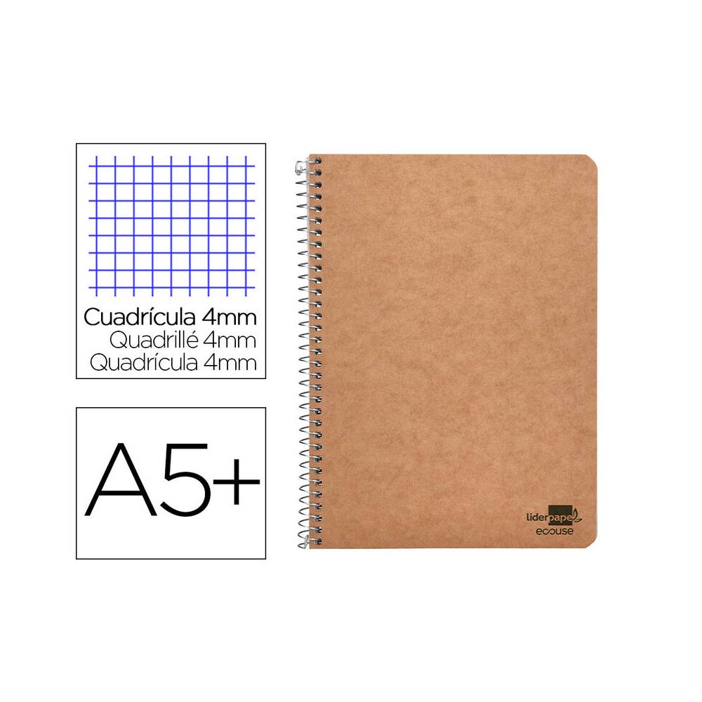 Cuaderno espiral liderpapel cuarto ecouse tapa cartulina kraft 80h papel reciclado 80 grcuadro 4mm