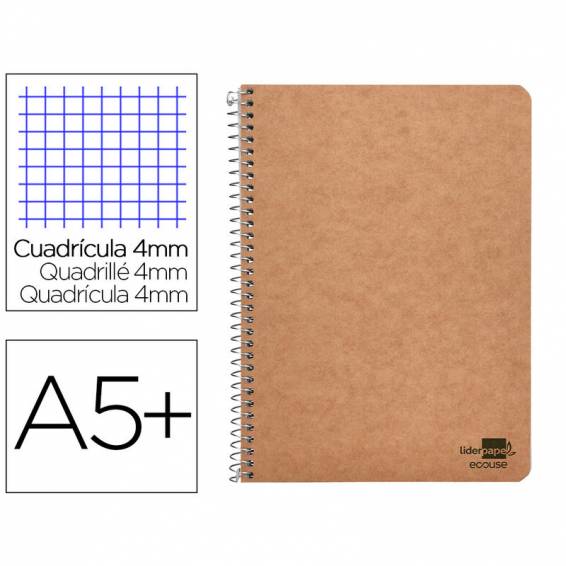 Cuaderno espiral liderpapel cuarto ecouse tapa cartulina kraft 80h papel reciclado 80 grcuadro 4mm