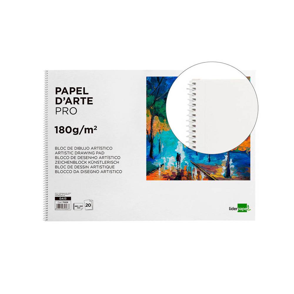 Bloc dibujo liderpapel artistico espiral 460x325mm 20 hojas 180gr/m2 sin recuadro perforado