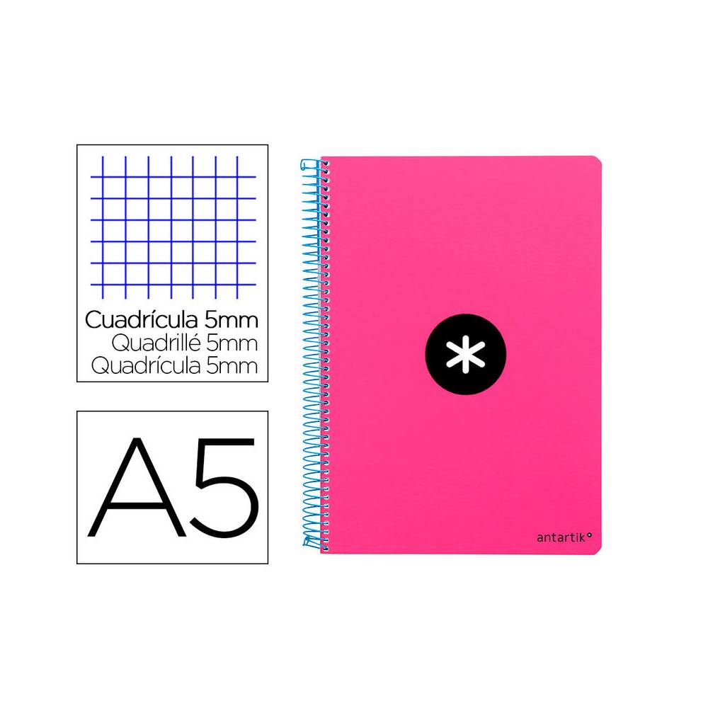 Cuaderno espiral liderpapel a5 antartik tapa dura 80h 100 g cuadro 5mm con margen color rosa fluor