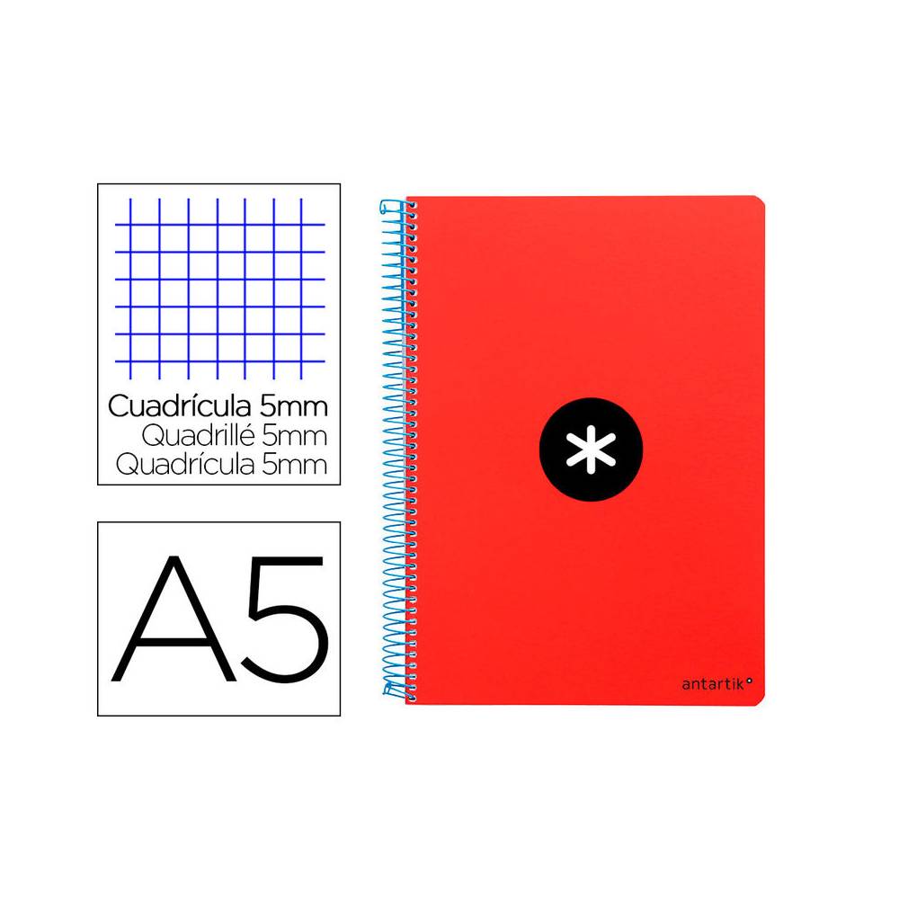 Cuaderno espiral liderpapel a5 antartik tapa dura 80h 100 gr cuadro 5mm con margen color rojo