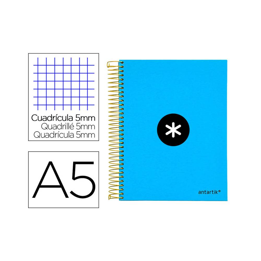 Cuaderno espiral liderpapel a5 micro antartik tapa forrada120h 90 gr cuadro 5mm 5 bandas6 taladros color azul