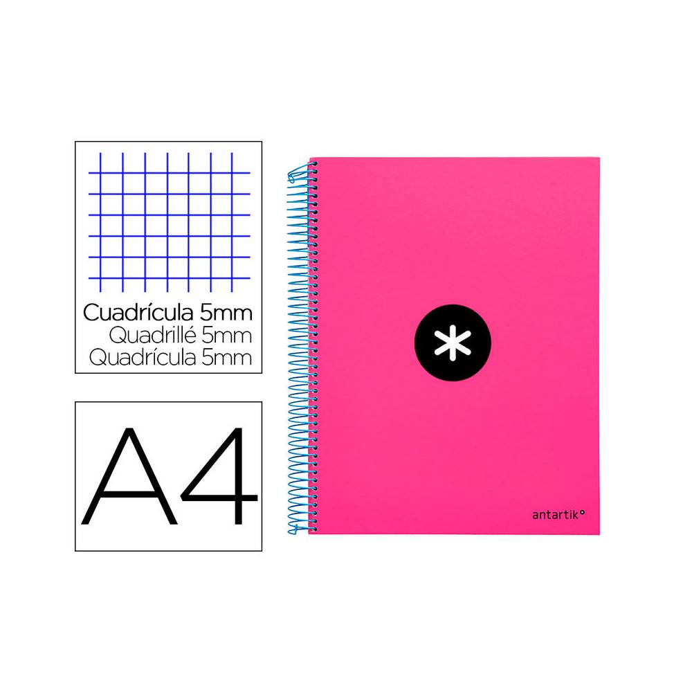 Cuaderno espiral liderpapel a4 micro antartik tapa forrada120h 100 gr cuadro 5mm 5 bandas 4 taladros color rosa