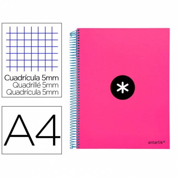 Cuaderno espiral liderpapel a4 micro antartik tapa forrada120h 100 gr cuadro 5mm 5 bandas 4 taladros color rosa