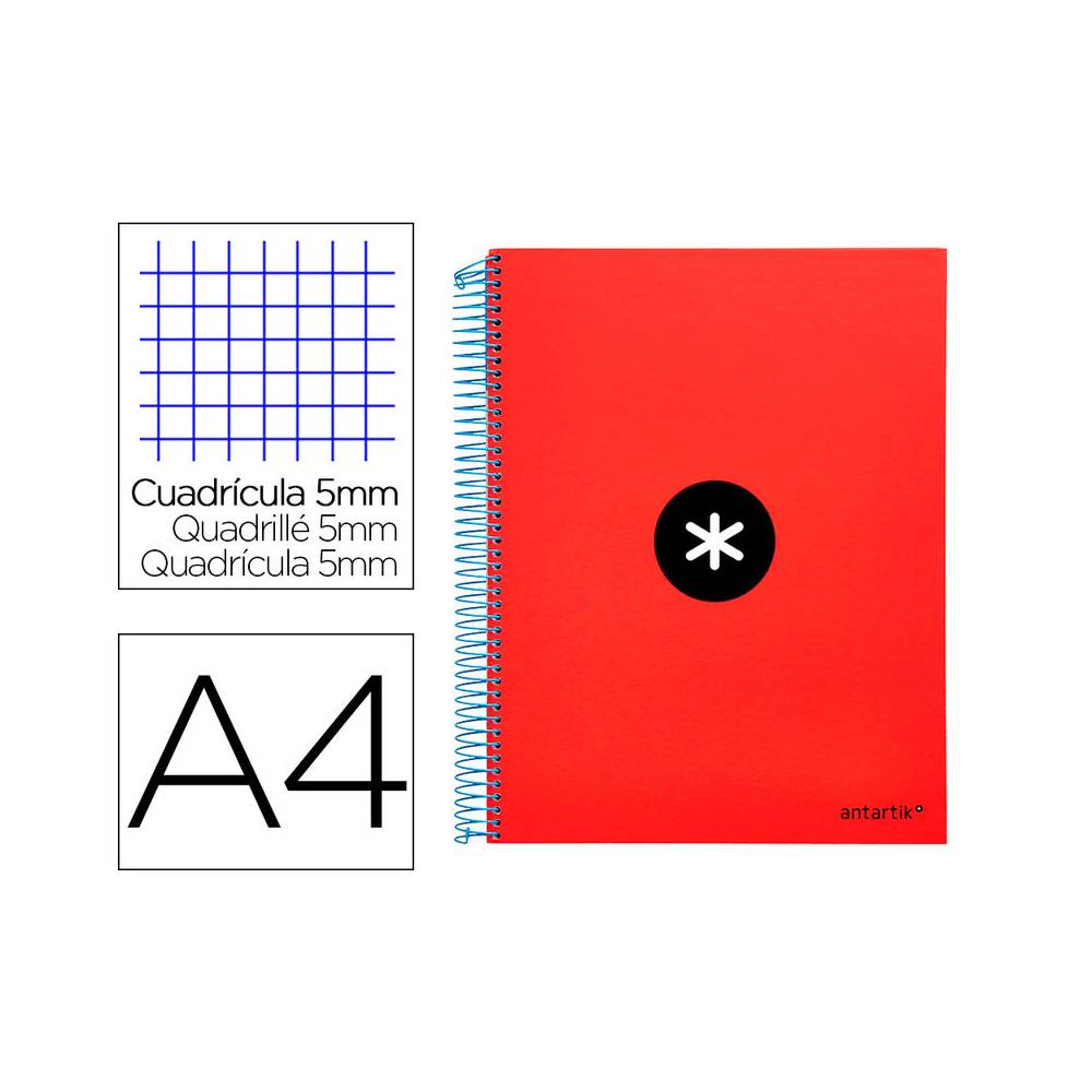 Cuaderno espiral liderpapel a4 micro antartik tapa forrada120h 100 gr cuadro 5mm 5 bandas 4 taladros color rojo