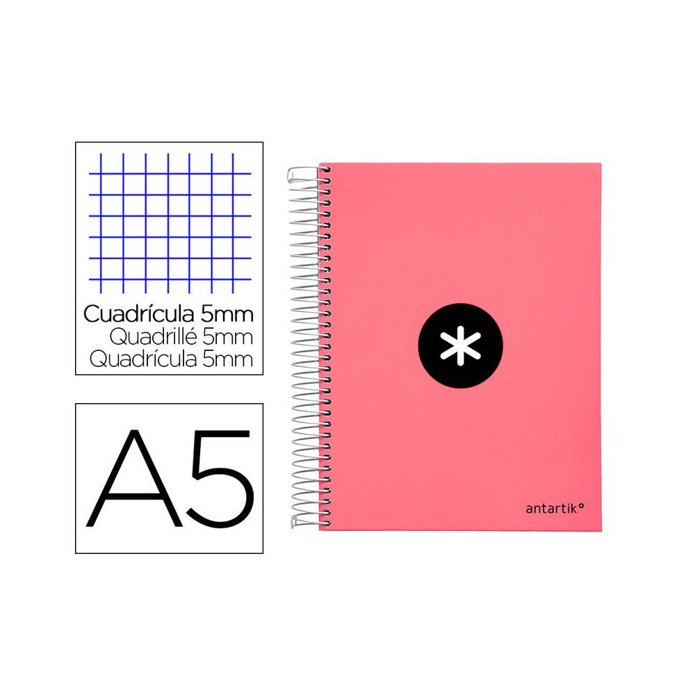 Cuaderno espiral liderpapel a5 micro antartik tapa forrada120h 90 gr cuadro 5 mm 5 band 6 taladros color coral